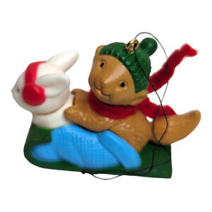 Avon 80s Winter Pals Hand Painted Wooden Tree Ornament Squirrel & Bunny
